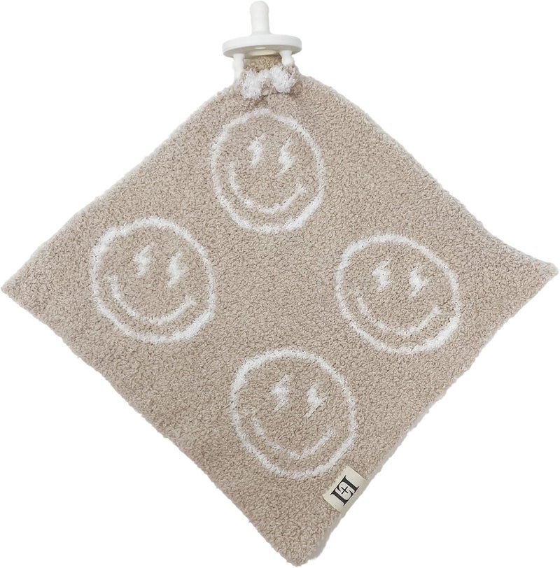 Leaps + Legends L+L USA Smiley Face Baby Lovey Pacifier/Teether Holder 10"x10" - DreamSoft Plush Fluffy Cuddly Soothie Reversible Mini Comfort Blanket - Cute Newborn Gift Essential Babies Boys Girls (Tan/White) - Image 1